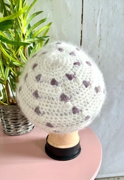 Vintage White & Purple Heart Circle Beret Soft 80's Hat