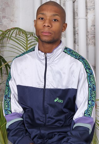 VINTAGE ASICS TAPE LOGO TRACK JACKET NAVY BLUE AND WHITE