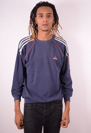 ADIDAS MENS VINTAGE SWEATSHIRT JUMPER SMALL BLUE 90S