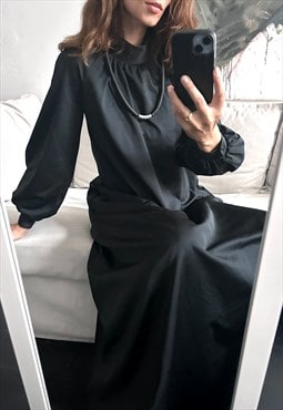 70s Black Long Dress With Turtleneck - S - M