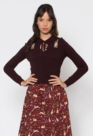 MAROON MASQUERADE BUNNY EMBROIDERY CARDIGAN
