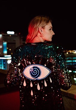 Long Sequin Duster Jacket with Light up Evil Eye