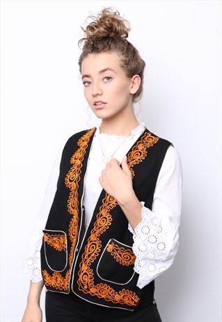 VINTAGE 70S BLACK FELT ORANGE EMBROIDERED WAISTCOAT