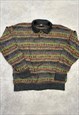 VINTAGE KNITTED JUMPER ABSTRACT PATTERNED 1/4 BUTTON KNIT