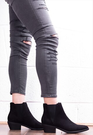 CUBAN HEEL CHELSEA ANKLE BOOTS - BLACK SUEDE STYLE - BOLOGNA