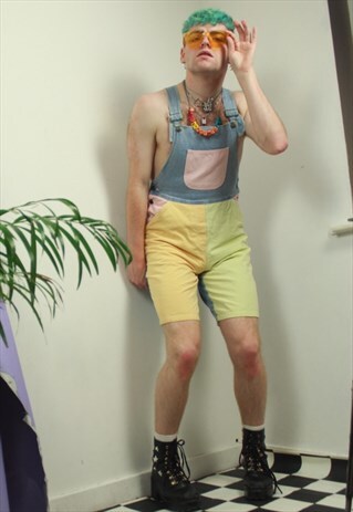 COLOUR BLOCK PASTEL GREEN YELLOW PINK DUNGAREE
