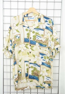 Vintage 90s Hawaiian Shirt Floral Beige Size M