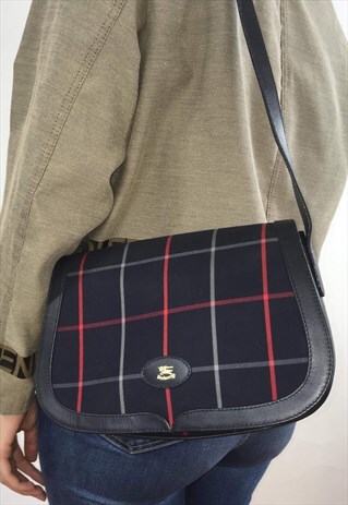 WOMENS BURBERRYS HANDBAG BLUE CHECKED PATTERNED SADDLE BAG