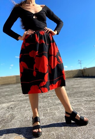 VINTAGE 80S FLORAL MIDI SKIRT BLACK AND RED