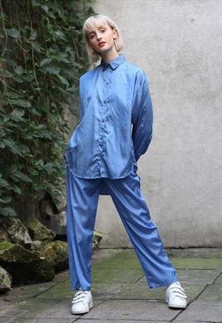 VINTAGE 90'S SILKY PATTERNED SET SHIRT TROUSERS IN BLUE