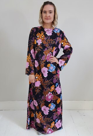 VINTAGE 70'S DARK FLORAL SILKY MAXI DRESS