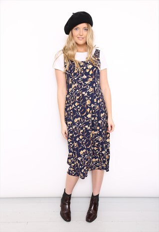 VINTAGE 90S DARK FLORAL PRINT MIDI DRESS