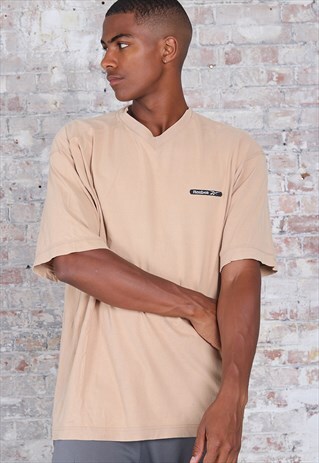 VINTAGE REEBOK LOGO V-NECK T-SHIRT BEIGE