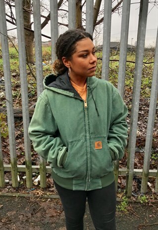 VINTAGE CARHARTT CANVAS GREEN WORK JACKET HOODIE BOMBER