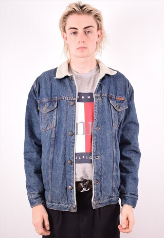 MENS VINTAGE SHERPA DENIM JACKET SMALL BLUE 90S