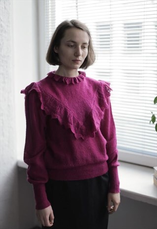VINTAGE 70'S HOT PINK HIGH COLLAR RUFFLE JUMPER