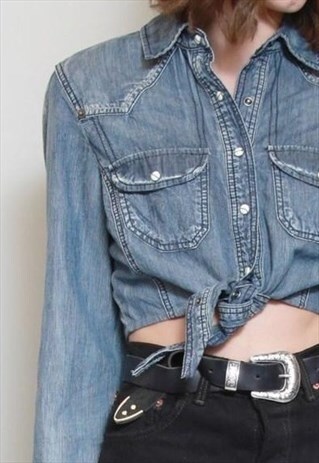VINTAGE 1990'S DARK WASH DENIM TIE FRONT CROP TOP
