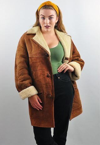 VINTAGE 70'S CAMEL BROWN SHEEPSKIN SHEARLING COAT JACKET