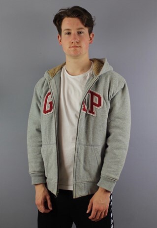 VINTAGE GAP PUFFER HOODIE IN GREY WITH EMBROIDERED LOGO AND