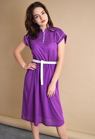 VINTAGE 70'S RETRO MOD PURPLE ELEGANT MIDI DRESS