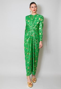 Peter Keppler Couture Vintage Green Gold Brocade Maxi Dress