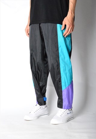 VINTAGE 90S BLACK COLOUR BLOCK SHELL RAIN PANTS