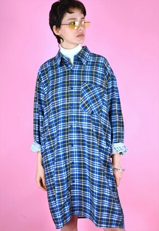 VINTAGE 90S FLANNEL SHIRT DRESS IN BLUE YELLOW WITH CHECK
