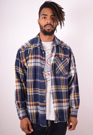 MENS VINTAGE FLANNEL SHIRT MEDIUM BLUE CHECK 90S