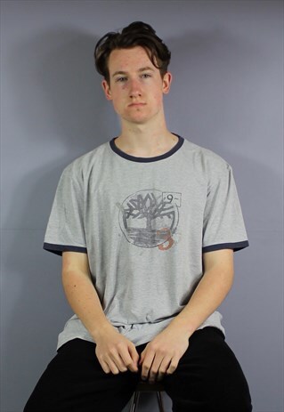 VINTAGE TIMBERLAND RINGER T SHIRT IN GREY WITH PRINTED TREE