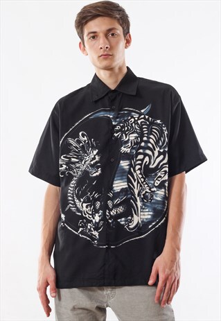 VINTAGE HAWAIIAN 90S BLACK ALOHA JAPAN TATTOO DRAGON PRINTED