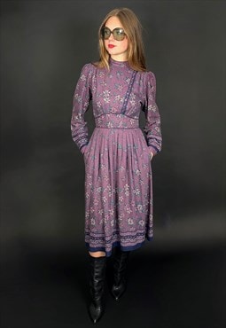 70's Vintage Elkont Purple Long Sleeve Floral Midi Dress