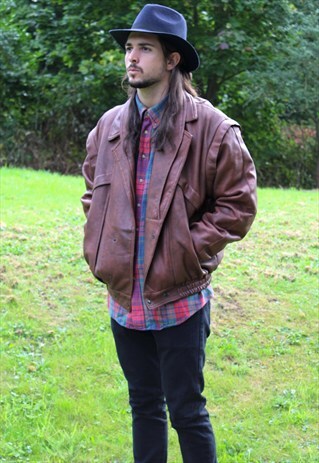 VINTAGE 80S LEATHER BOMBER LINED JACKET - LARGE / XL