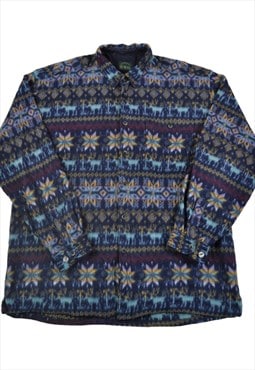 Vintage Fleece Shirt Jacket Retro Pattern Navy XL