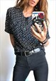 90s Black Floral Button Down Blouse / Top 