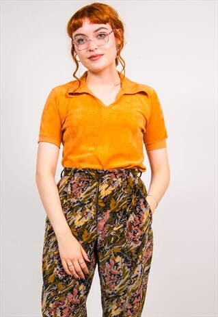 VINTAGE 70'S ORANGE VELVET OPEN COLLAR TOP