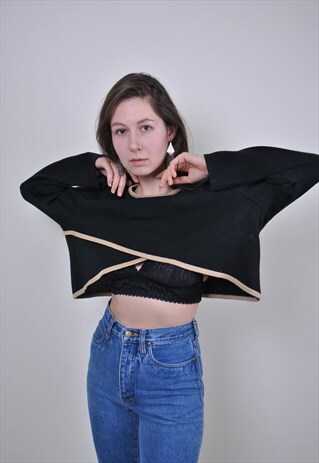 VINTAGE BLACK CROP SWEATSHIRT, 90S STRIPED WOMEN JUMPER