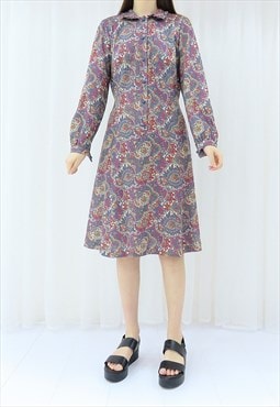 80s Vintage Multicoloured Paisley Dress (Size L)