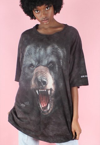 VINTAGE 90S T-SHIRT BEAR ANIMAL PRINT Y2K BLACK OVERSIZED