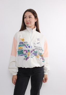 80s printed windbreaker, vintage full zip athletic jacket 