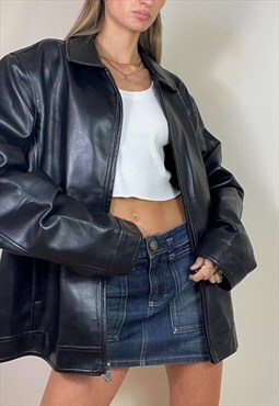 Vintage Y2K Faux Leather Biker Racing Bomber Jacket Black