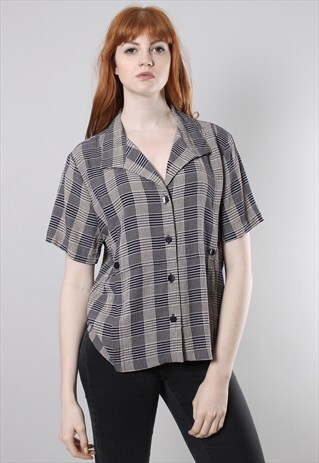VINTAGE 80S BLUE CHECK BLOUSE BUTTON TOP