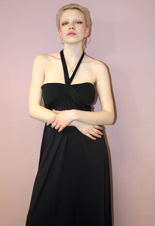 CUTE VINTAGE 1990'S BOHO BLACK BANDO HALTER STRAP MAXI DRESS