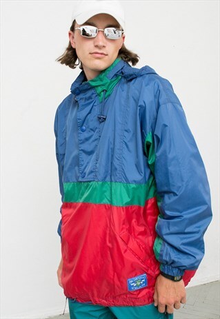 BLUE NYLON OUTDOOR HOODED WINDBREAKER QUARTER ZIP JACKET