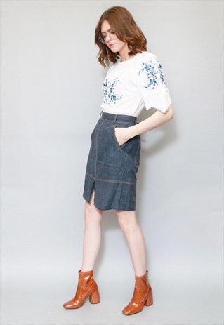 VINTAGE 1980'S SALVATORE FERRAGAMO BLUE WOOL SKIRT