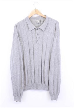 Vintage Knitted Jumper Grey Henley Neck Collared Long Sleeve