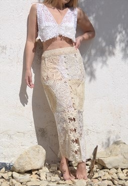 Beige/cream/white handmade hand crochet maxi mid calf skirt