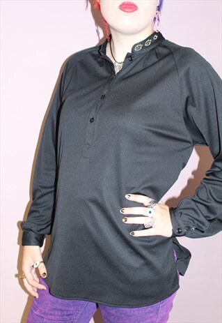 90'S STYLE BLACK COLLARLESS BLOUSE WITH GOLD EMBROIDERY
