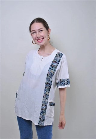 Vintage 90s white paisley blouse, summer hippie shirt