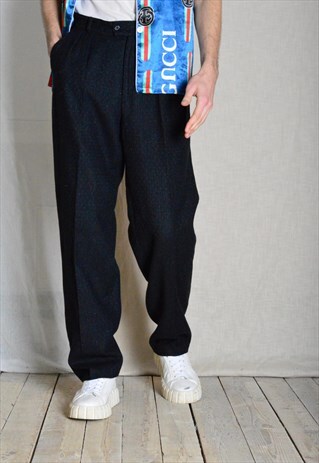 Vintage 70s Navy Blue Speckled Wool Blend Pleated Mens Pants
