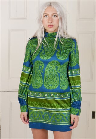 VINTAGE MINI HIPPIE ETHNIC PRINT DRESS GREEN
